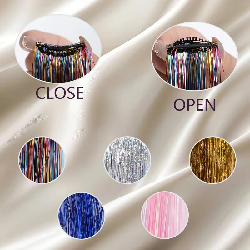 Rainbow Glitter Tinsel Hair Extensions Clip In for Party and Daily Style