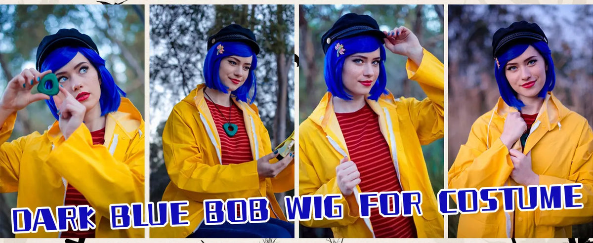 Short Blue Bob Wig with Hairpin and Necklace for Cosplay and Costume