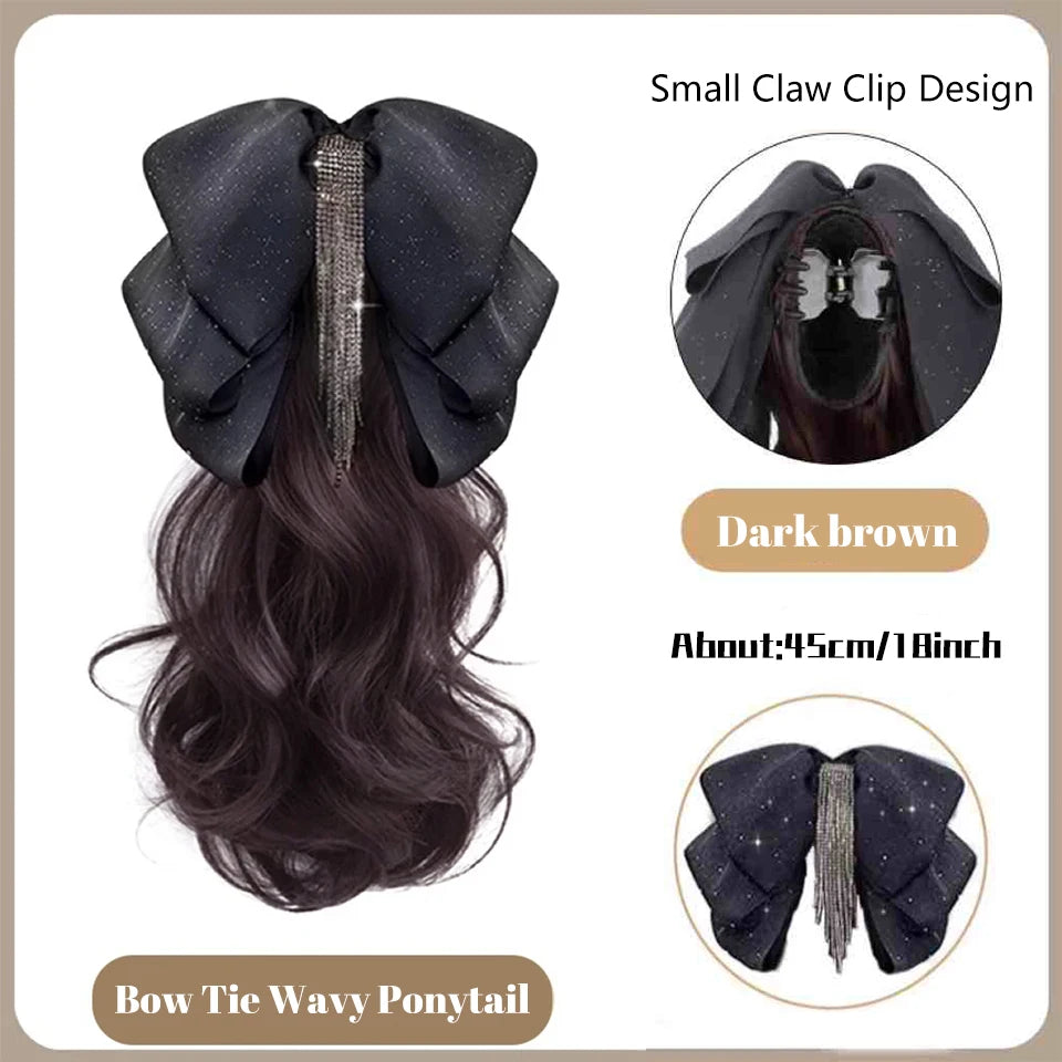 Wavy Bow Claw Clip Ponytail Extension for Effortless Volume
