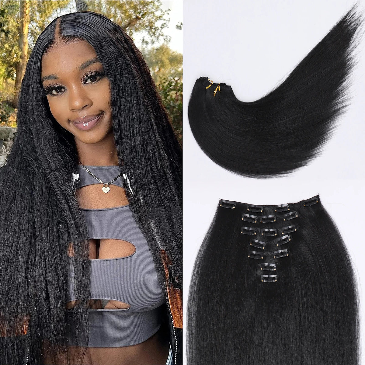 Kinky Straight Clip-In Hair Extensions for Natural Looking Volume