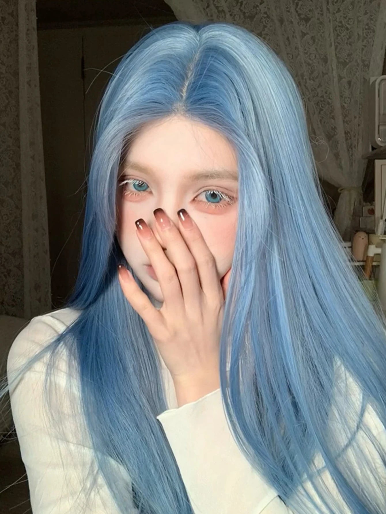 Long Straight Blue Synthetic Cosplay Wig for Halloween and Costume Parties - 5