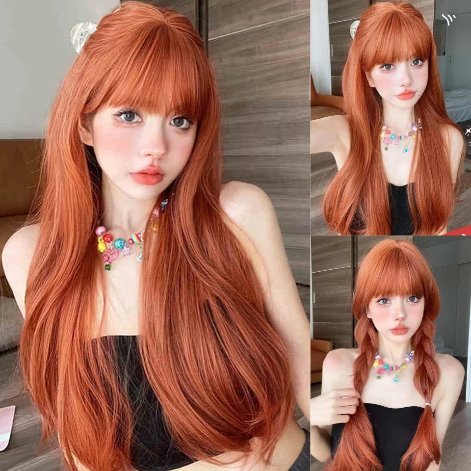 Long Wavy Ginger Synthetic Wig with Bangs - 55
