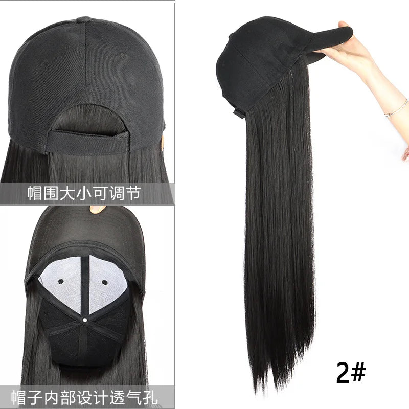 Baseball Cap with Attached Long Hair Extension for Women