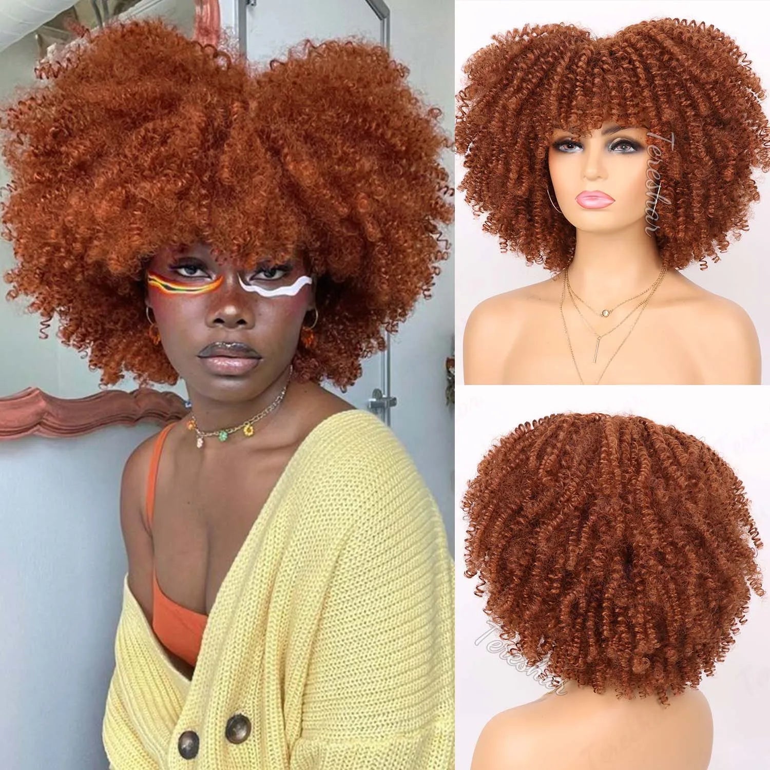 Short Curly Afro Wig with Bangs for Daily Wear - 23