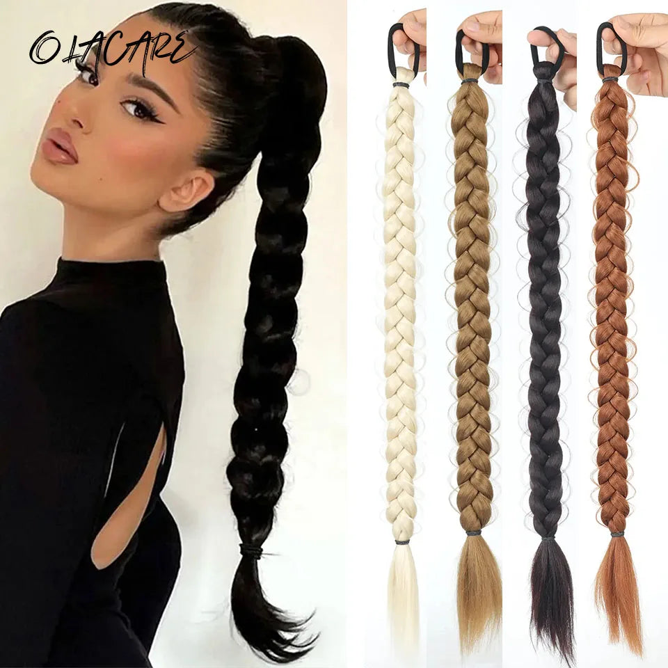 Long Synthetic Braided Ponytail Extension with Secure Rubber Band