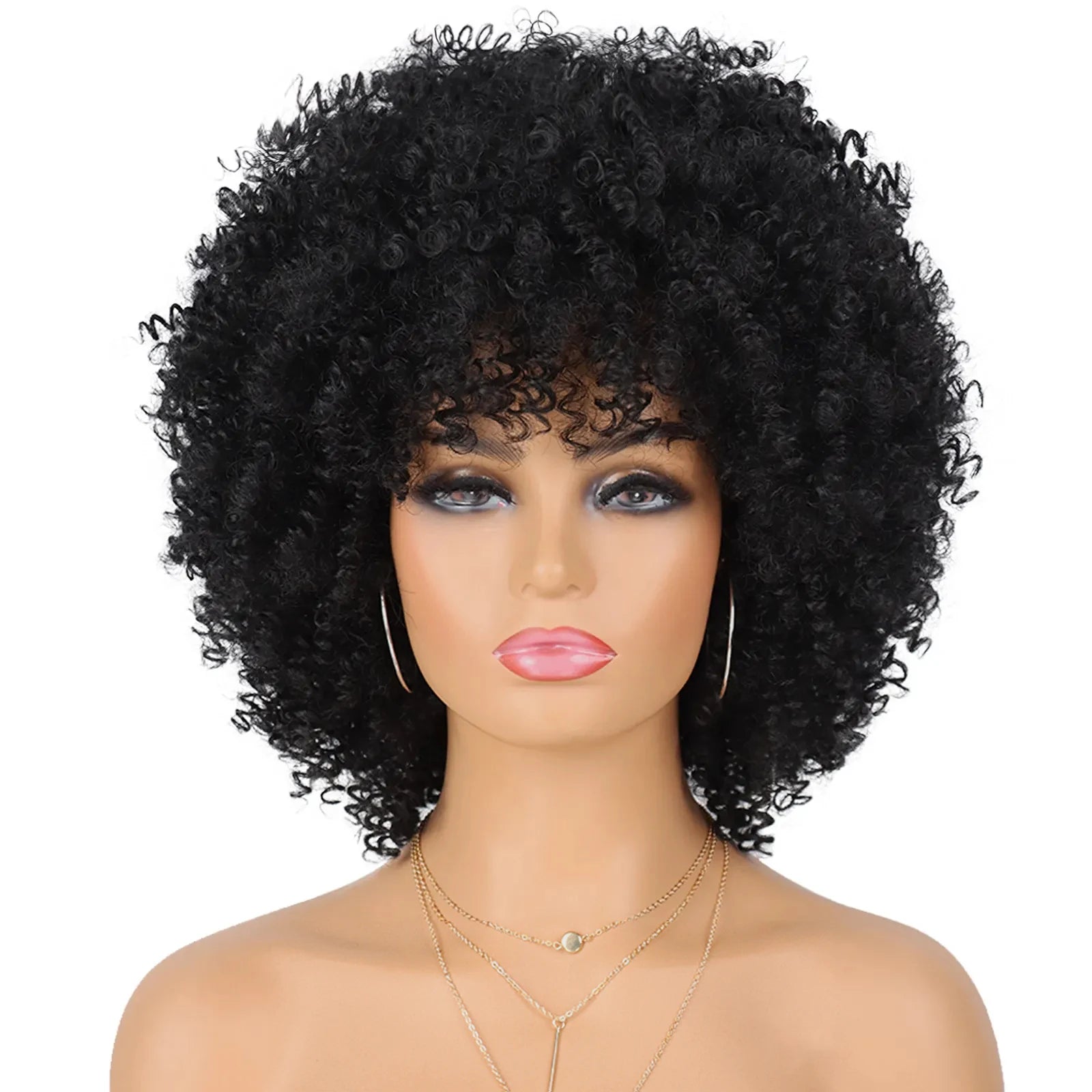 Short Afro Kinky Curly Synthetic Wig with Bangs for Daily Hair Styling - 16