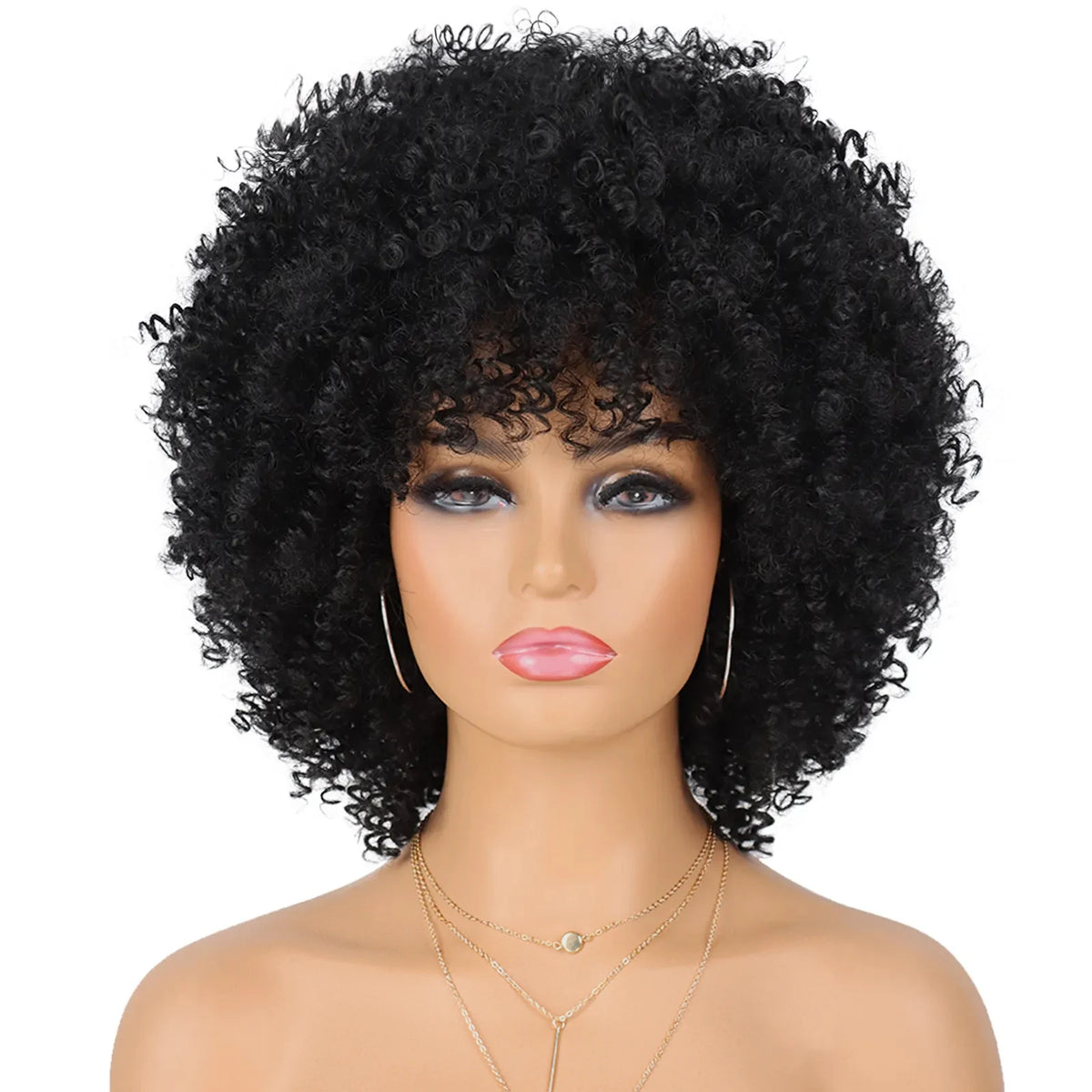 Short Afro Kinky Curly Synthetic Wig with Bangs for Daily Hair Styling