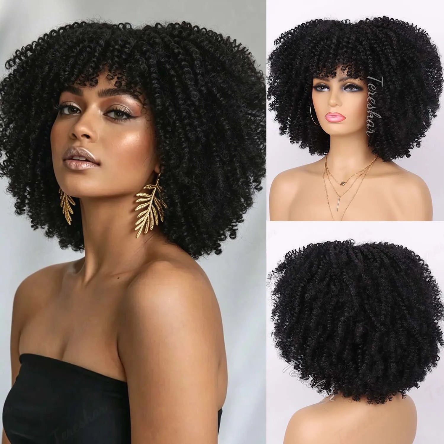 Short Curly Afro Wig with Bangs for Daily Wear - 19