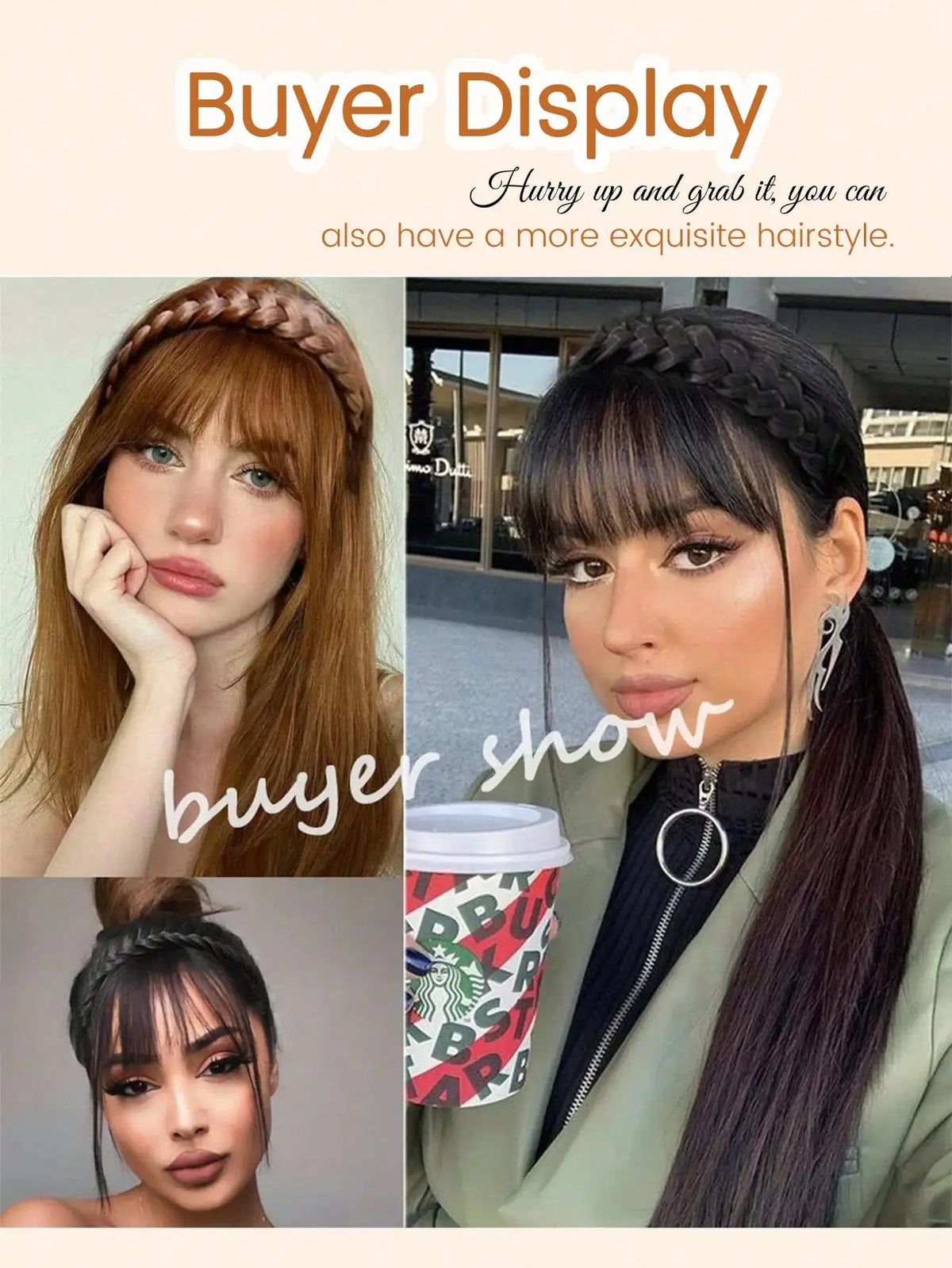 Braided Headband with Bangs for Instant Hair Style