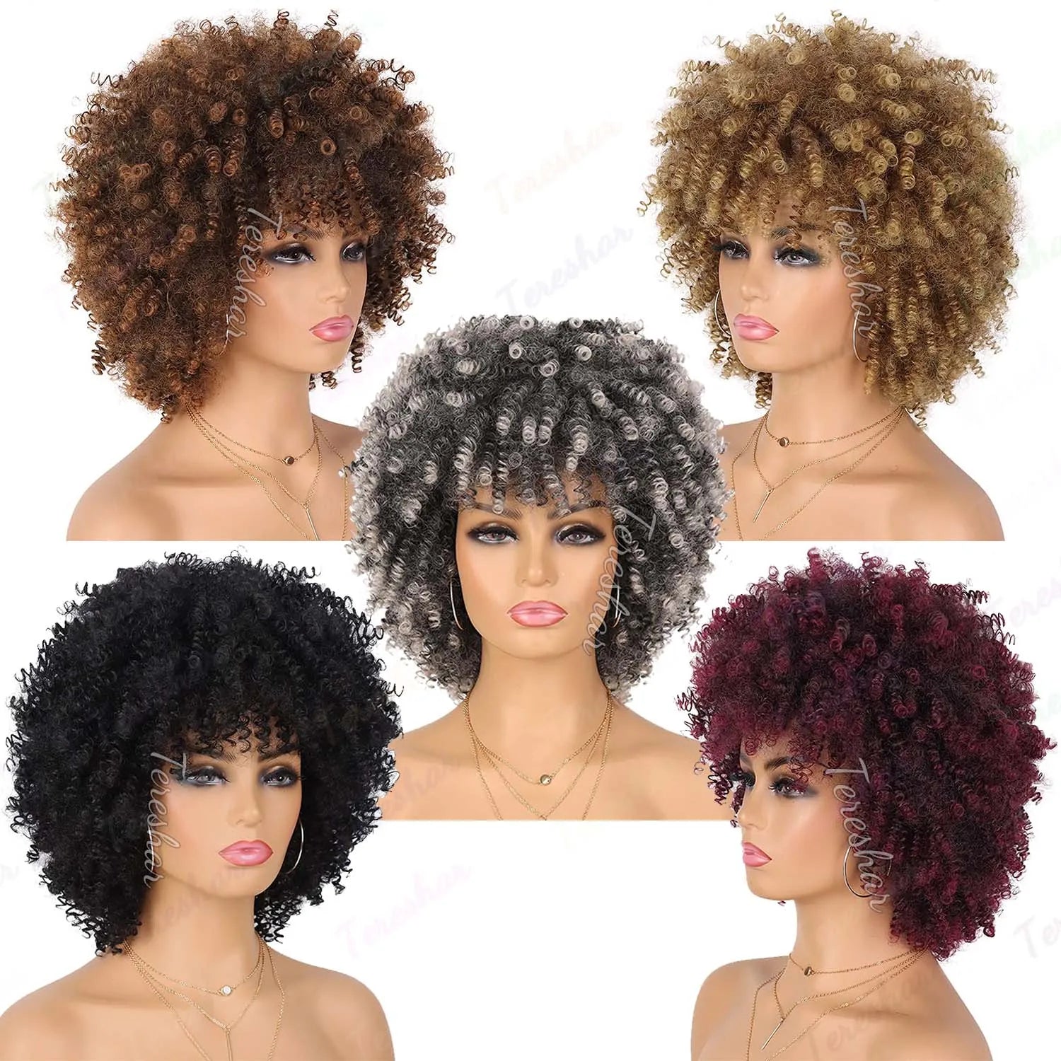 Short Curly Afro Wig with Bangs for Daily and Party Wear - 5