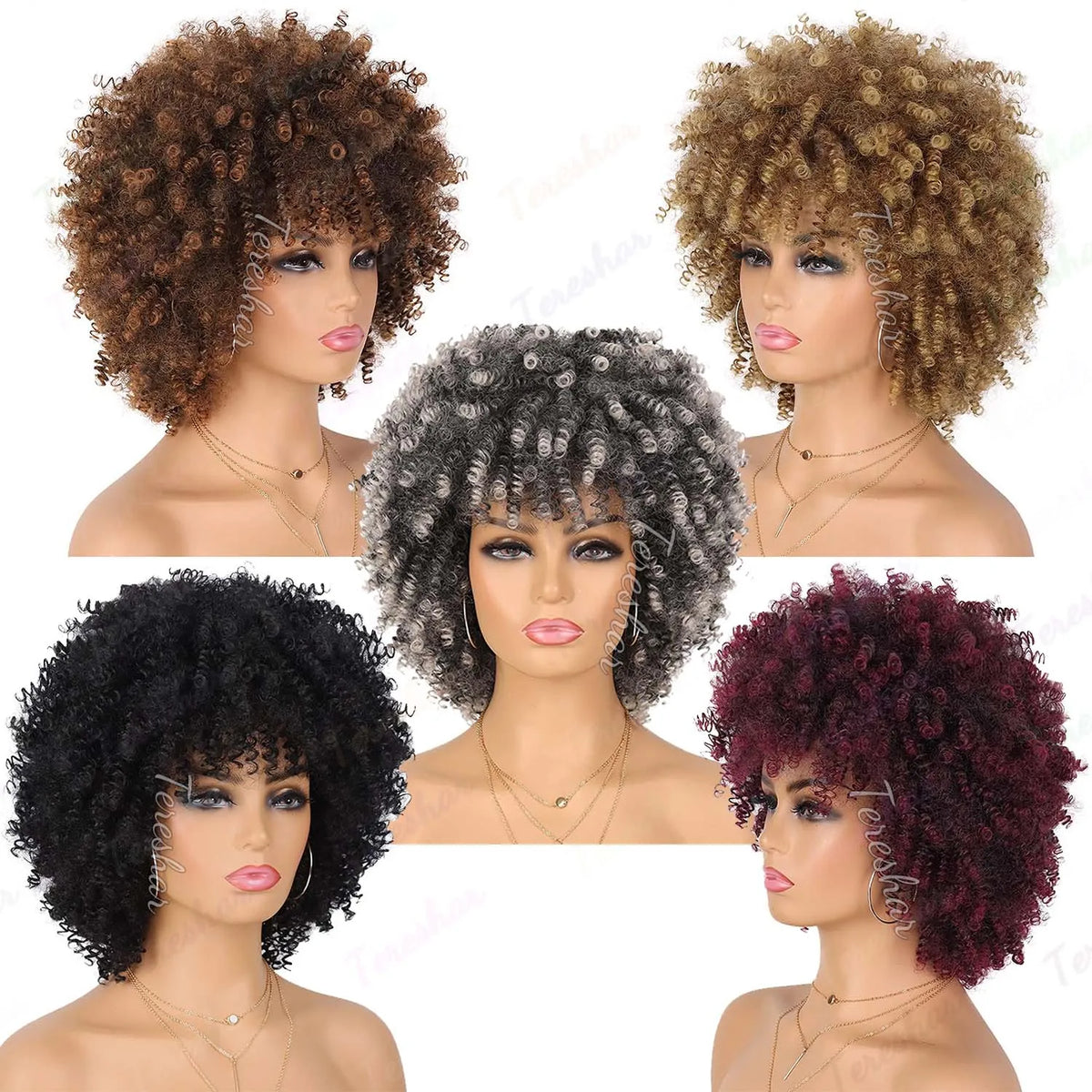 Short Curly Afro Wig with Bangs for Daily and Party Wear