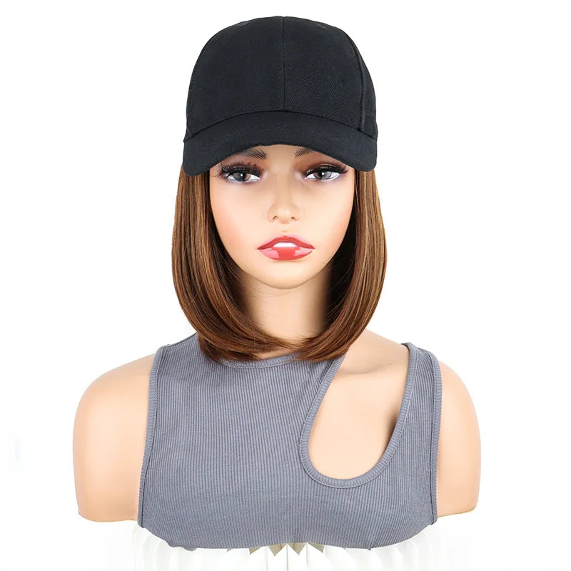 Short Straight Bob Hair Wig with Baseball Cap for Women