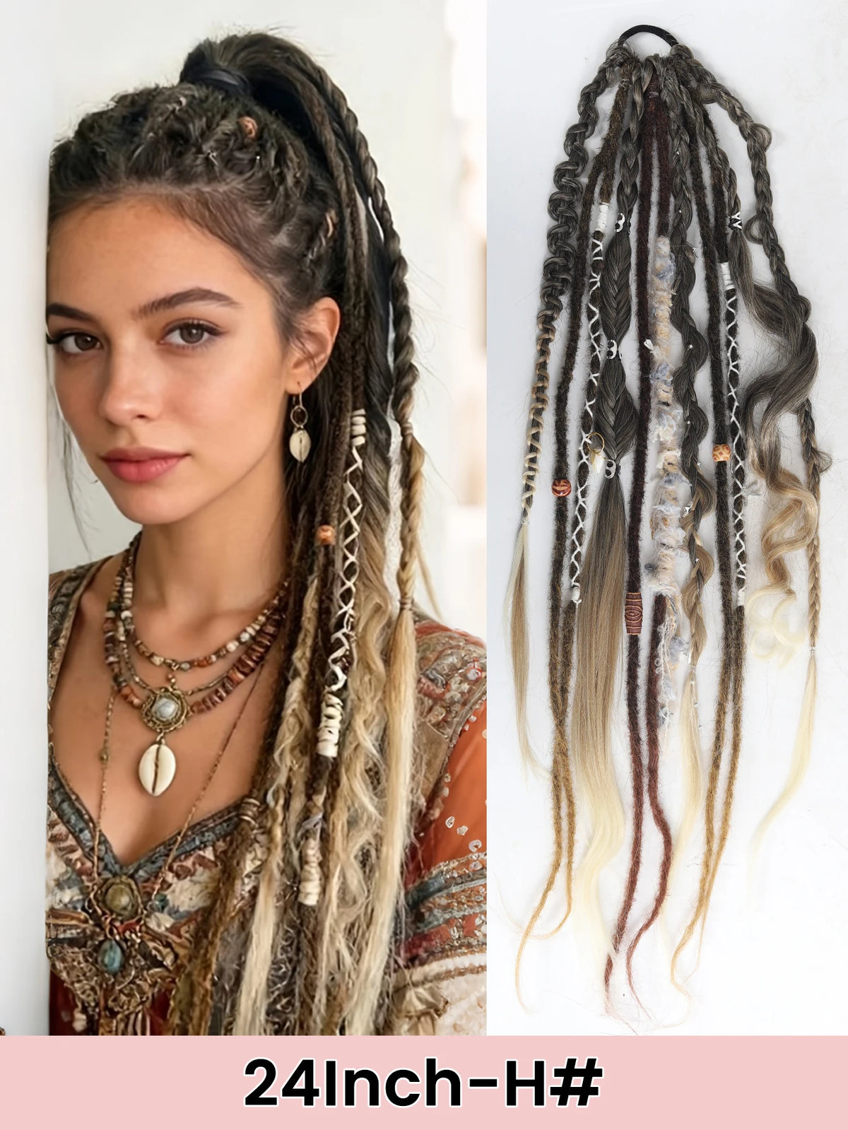 24" Boho Viking Dreadlock Ponytail Extension