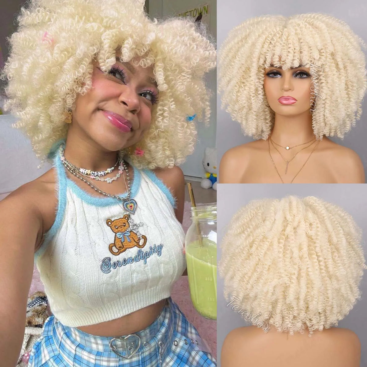 Short Curly Afro Wig with Bangs for Daily Wear