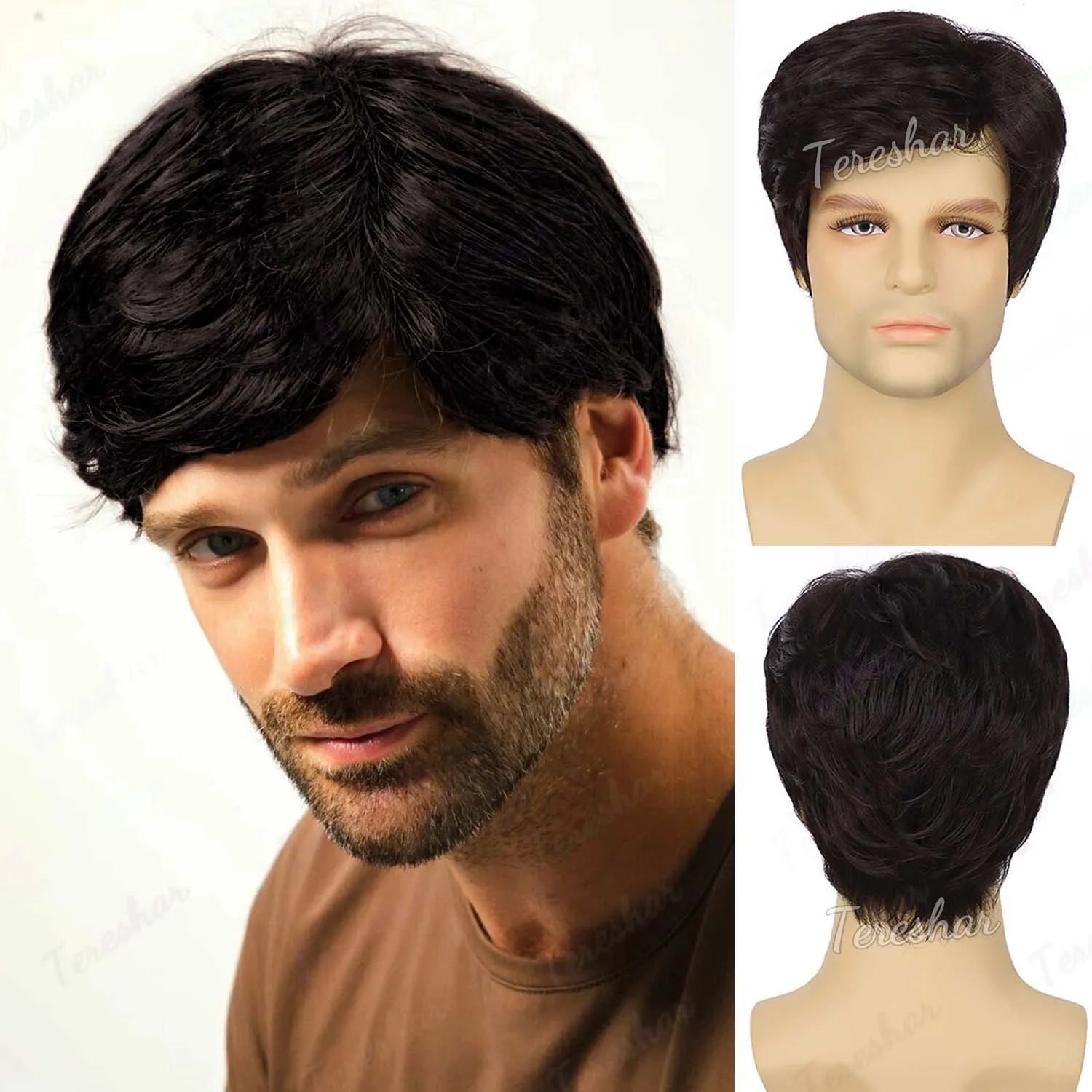 Short Straight Natural Look Synthetic Wig for Men Daily or Costume Wear - 12