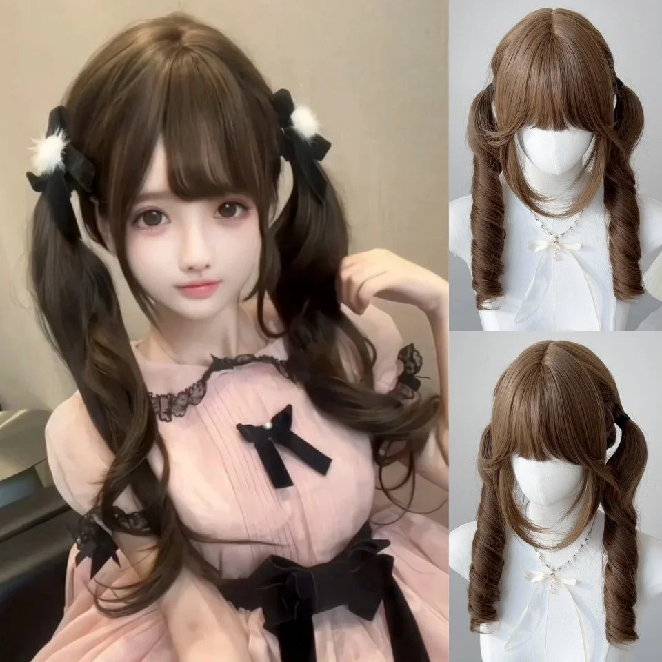 Wavy Brown Cosplay Wig with Curly Pigtails for Costume Parties - 74