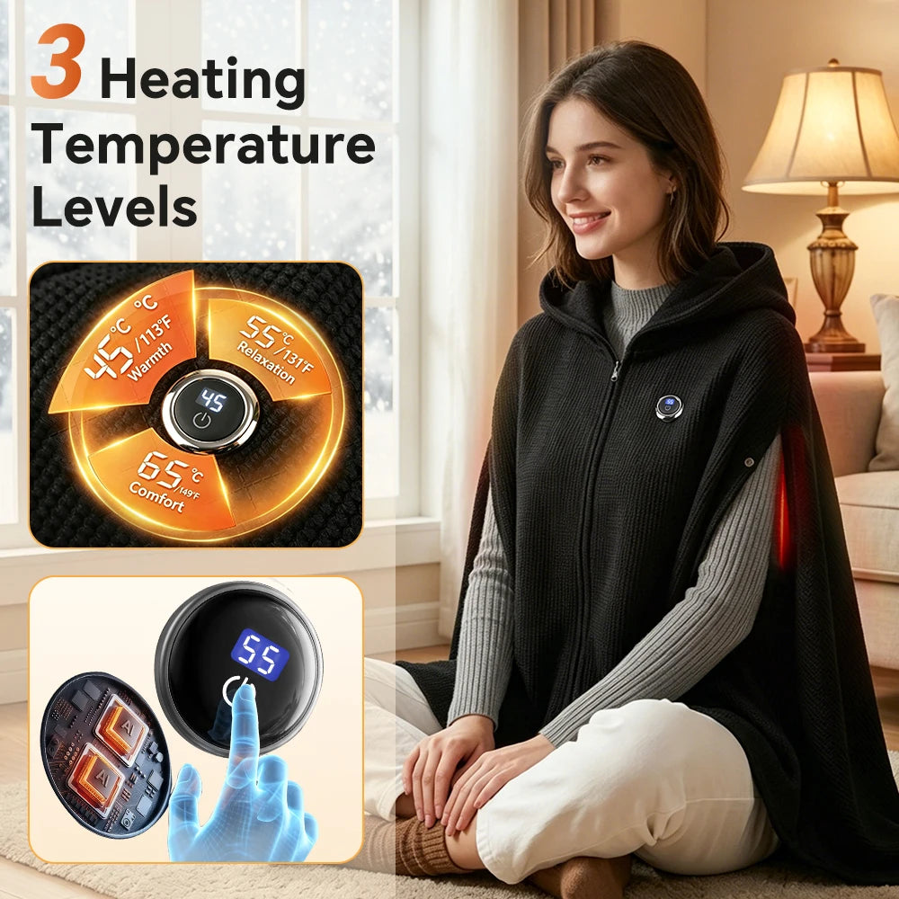 USB Powered Graphene Heated Hooded Shawl for Home and Office Comfort
