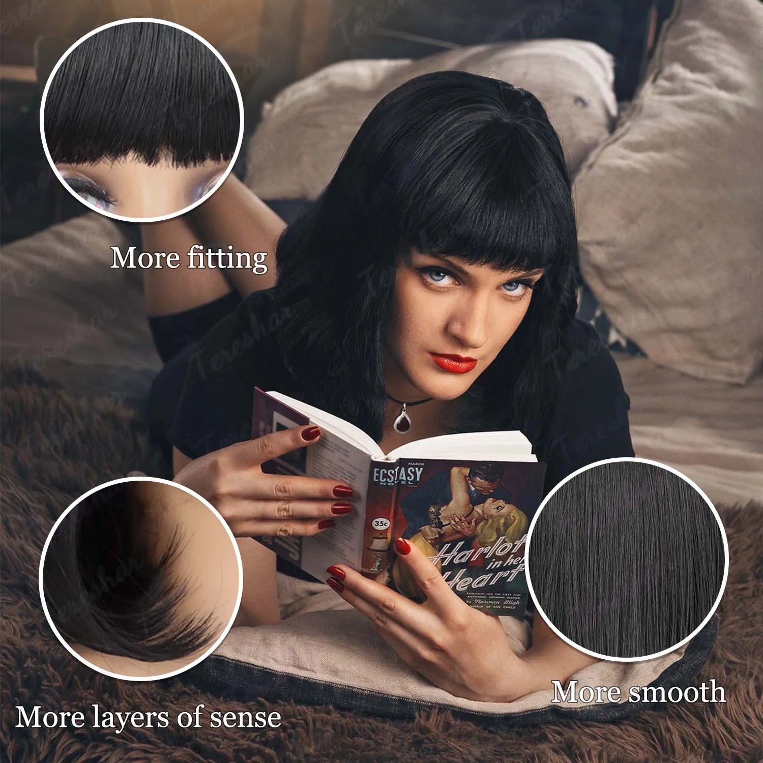Short Straight Black Bob Wig with Bangs for Cosplay and Daily Wear - 8