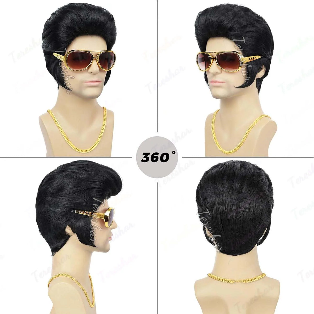50s Rock Star Costume Wig with Glasses and Necklace Set