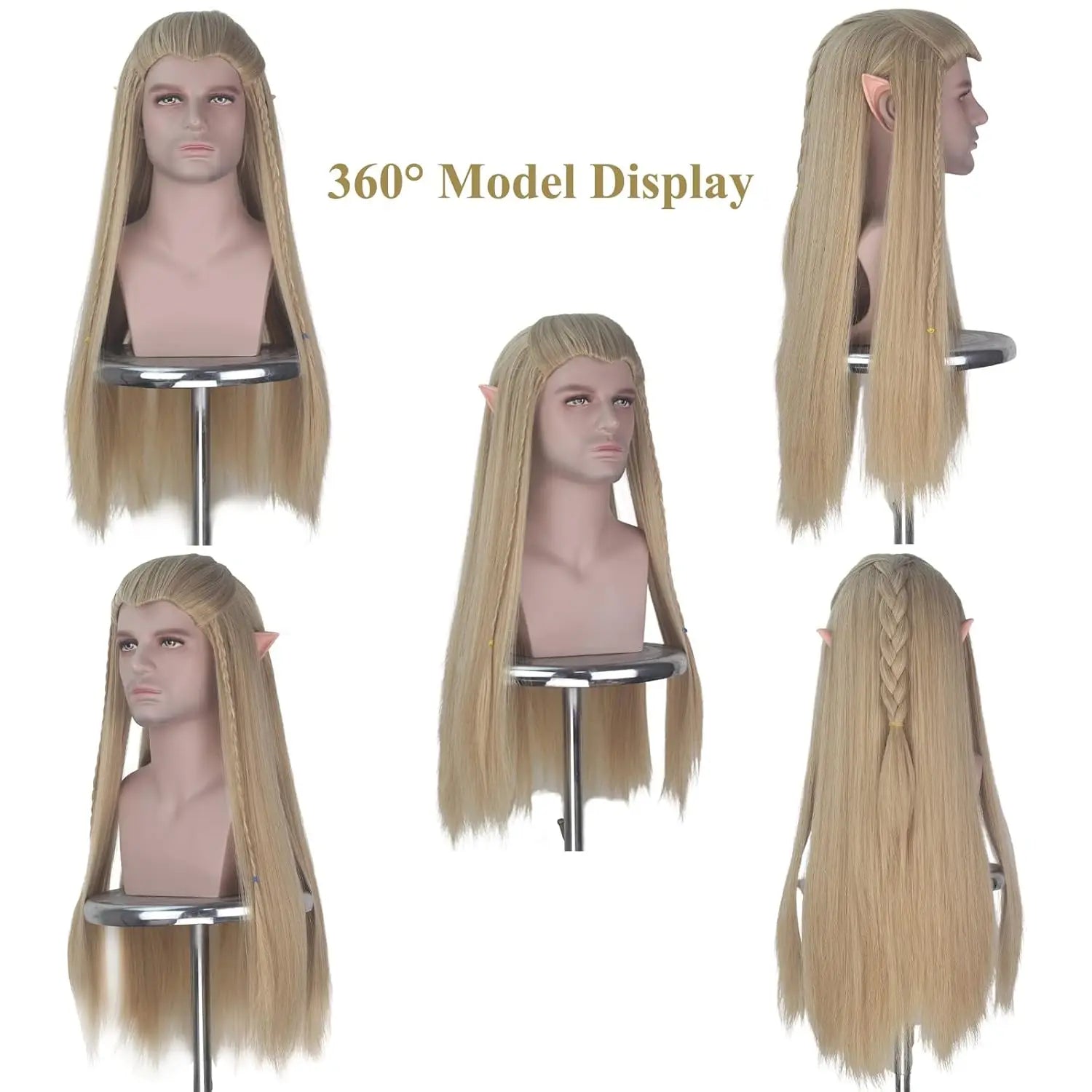 Ash Blonde Long Straight Cosplay Wig with Elf Ears for Men - 2