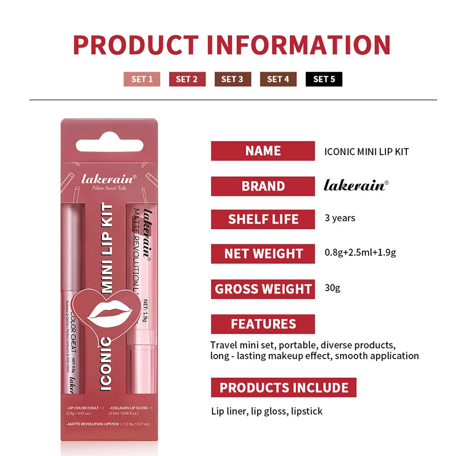 3-Piece Mini Lip Liner, Lipstick and Gloss Set for Perfect Pout - 16