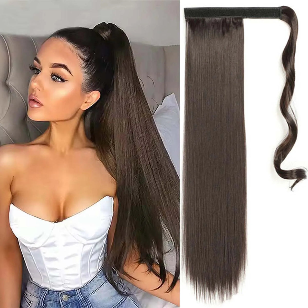 24 Inch Long Straight Wrap Around Ponytail Hair Extension for Women
