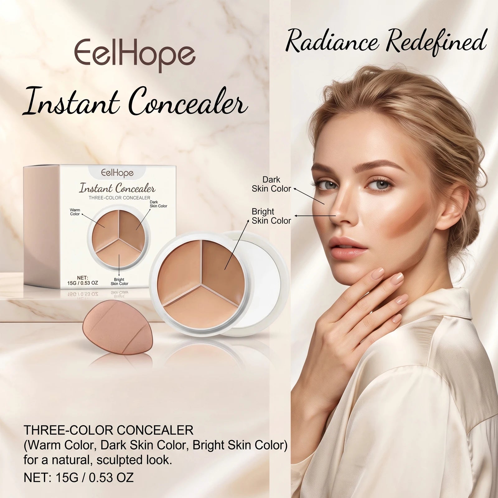 3-Color Cream Concealer Palette for Dark Circles and Blemish Coverage - 1
