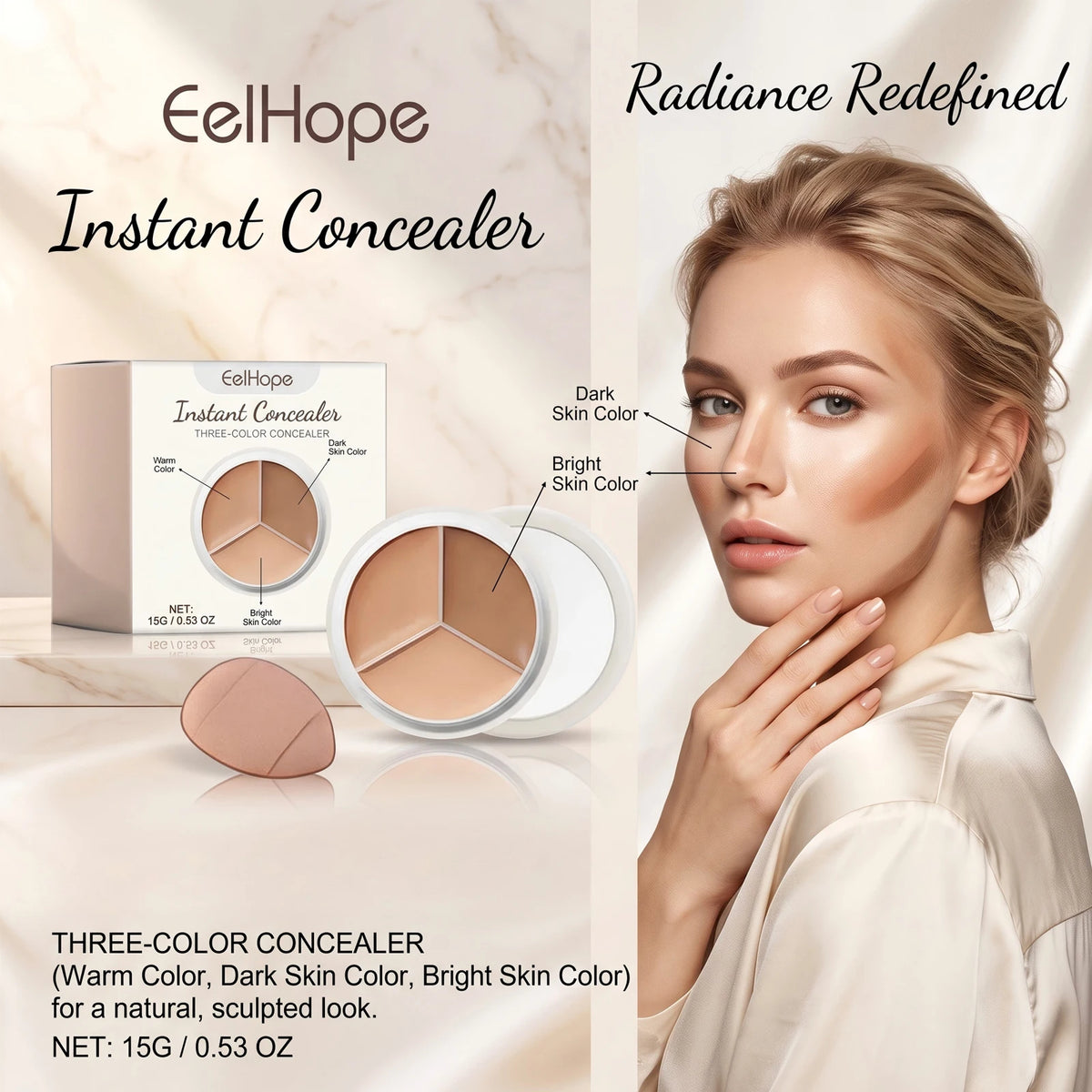 3-Color Cream Concealer Palette for Dark Circles and Blemish Coverage