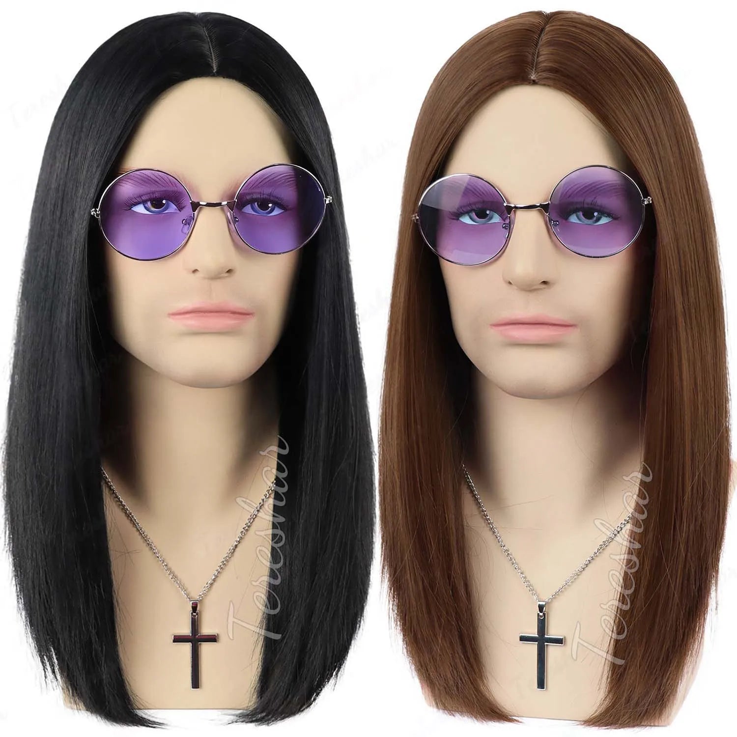 80s Heavy Metal Rocker Costume Wig Set with Glasses and Cross Necklace - 4