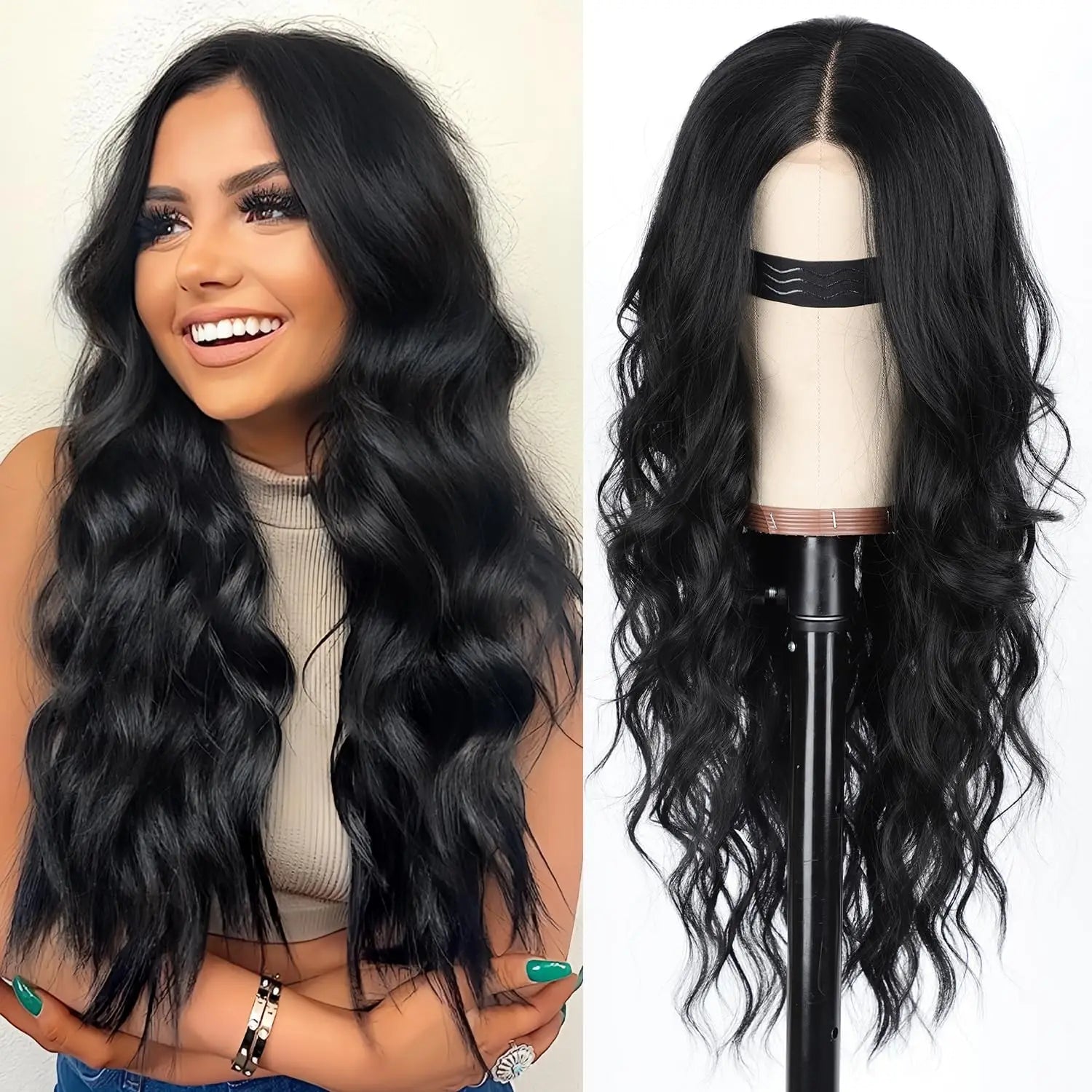 26-Inch Long Wavy Black Synthetic Wig for Daily Wear - 1