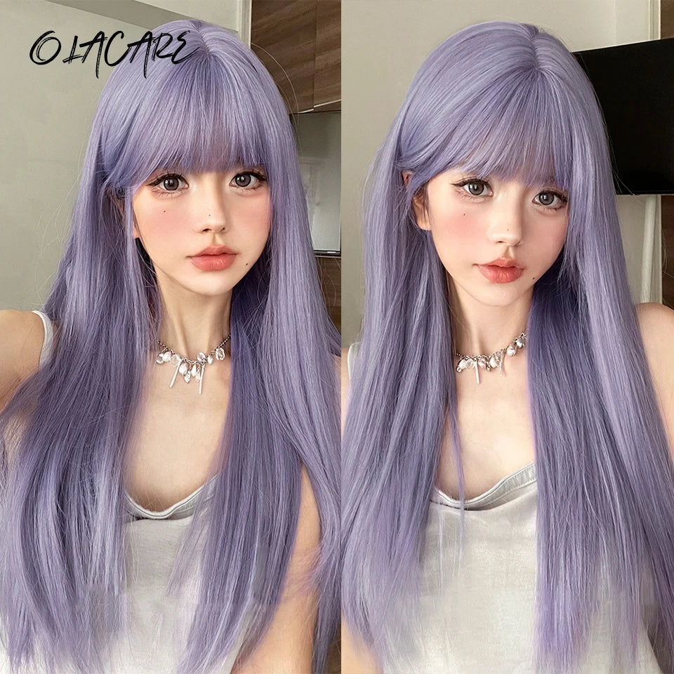 Long Straight Synthetic Wig with Bangs for Cosplay and Parties