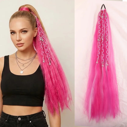 Hot Pink Braided Ponytail Extension with Star Accessories