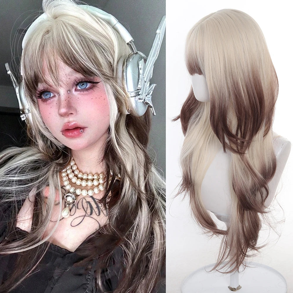 Ombre Blonde and Brown Long Straight Cosplay Wig with Bangs - 18