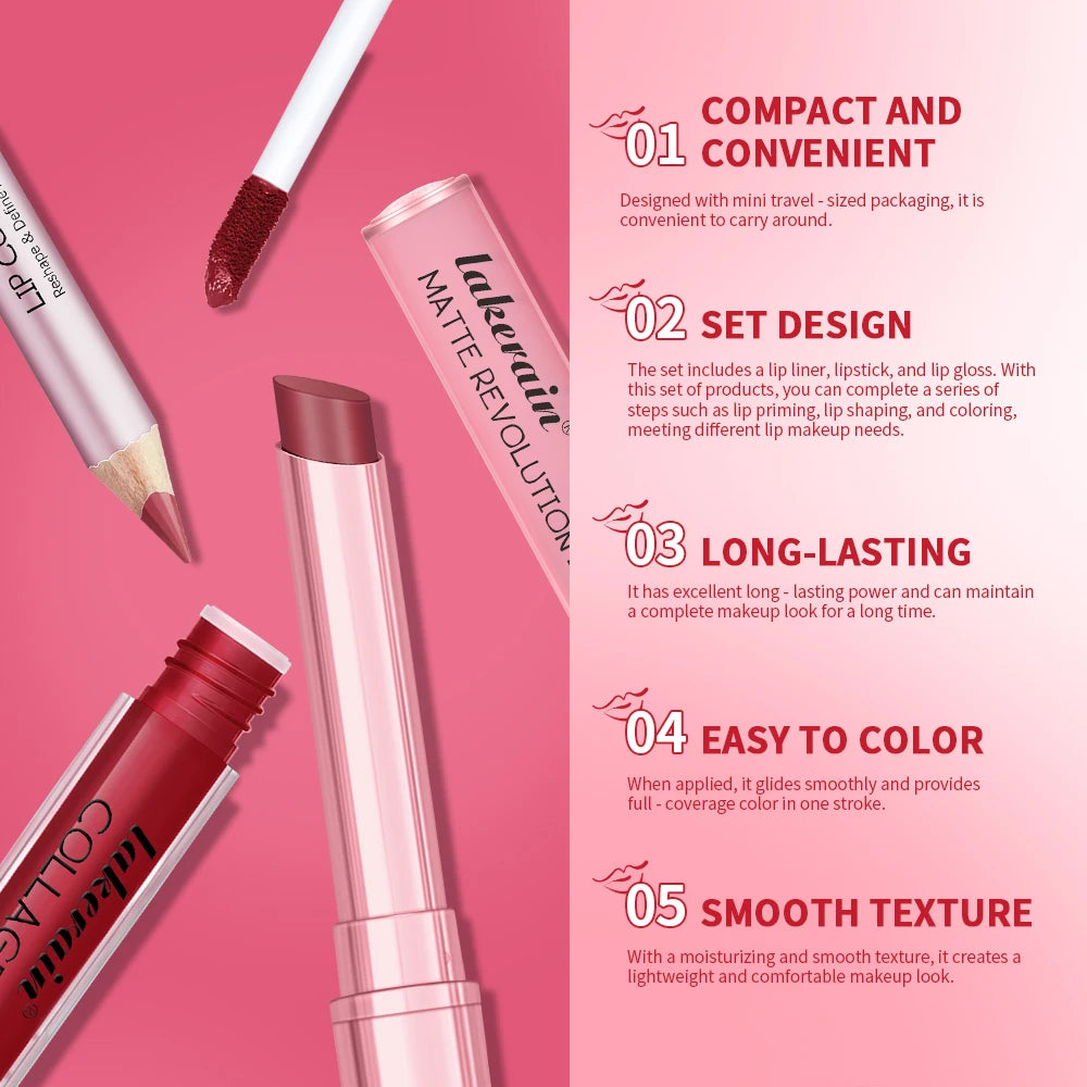 3-Piece Mini Lip Liner, Lipstick and Gloss Set for Perfect Pout