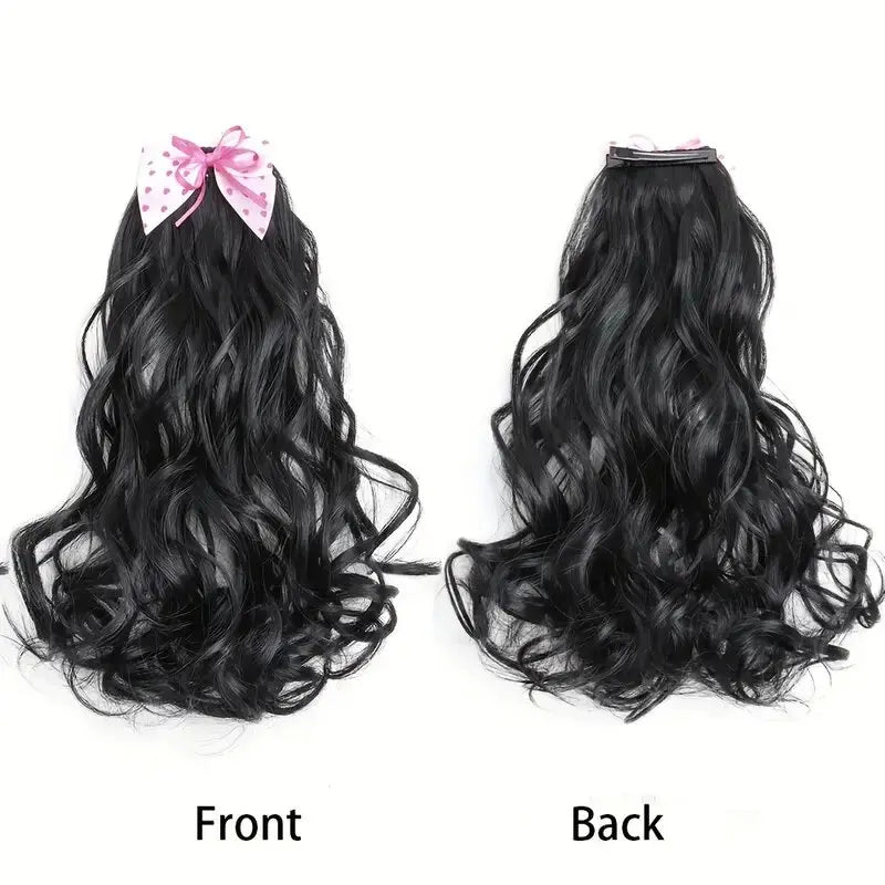 Wavy Curly Ponytail Hair Extension Clip with Bow for Girls - 4