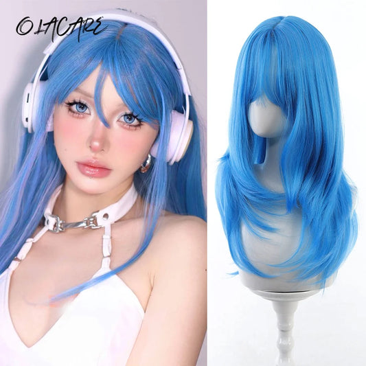 Long Blue Synthetic Wig for Cosplay and Parties