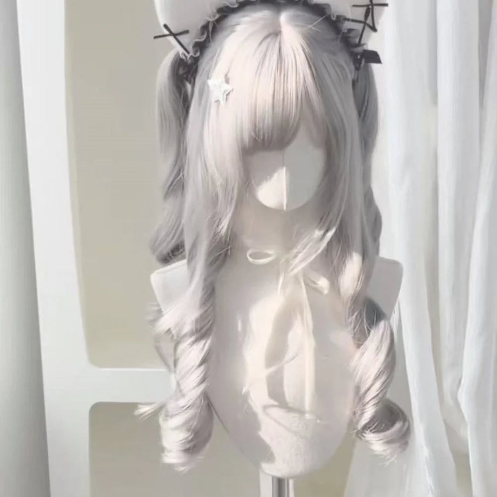 Long Wavy Silver Gray Cosplay Wig with Bangs for Women - 4