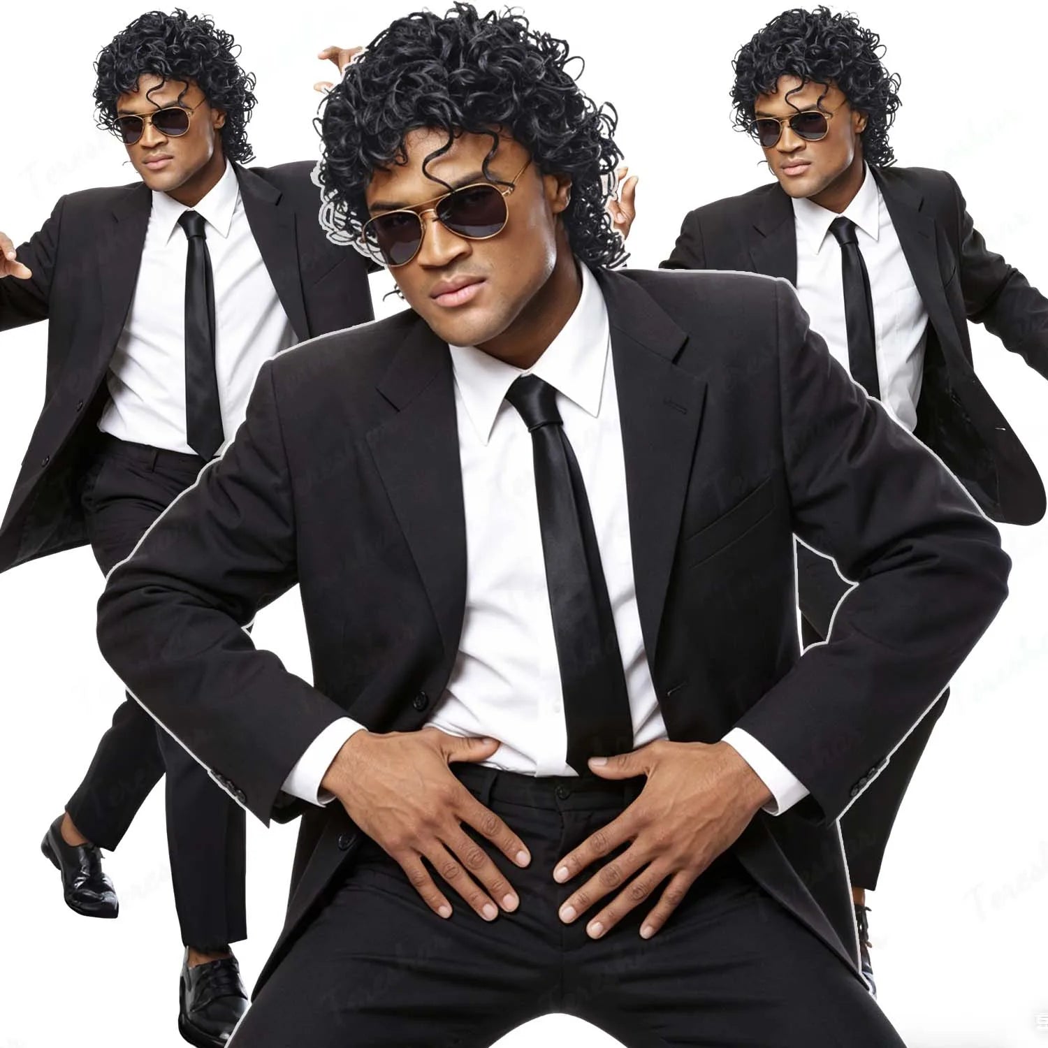 Black Curly Rocker Mullet Wig with Retro Glasses for Costume Parties - 7