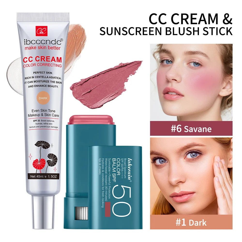 Color Correcting CC Cream and SPF 50 Sunscreen Blush Stick Makeup Set