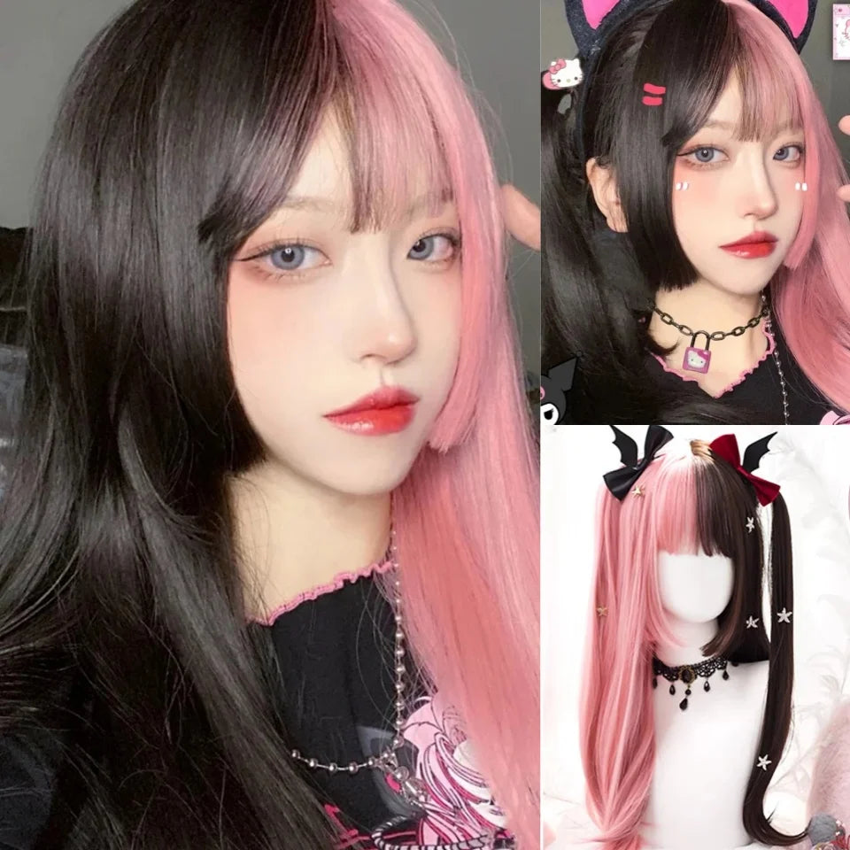 Long Wavy Ombre Blonde Pink Wig with Bangs - 46
