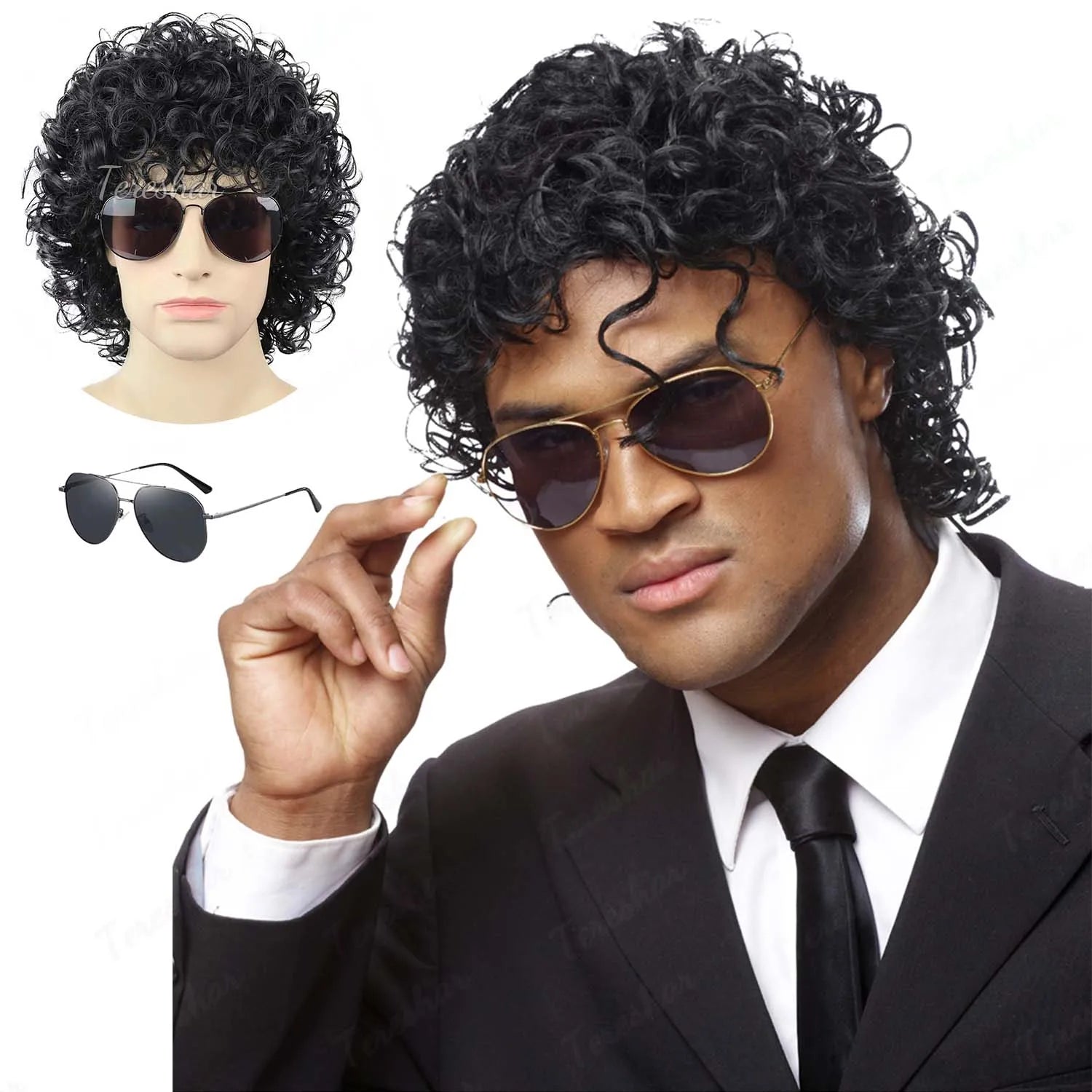 Black Curly Rocker Mullet Wig with Retro Glasses for Costume Parties - 1