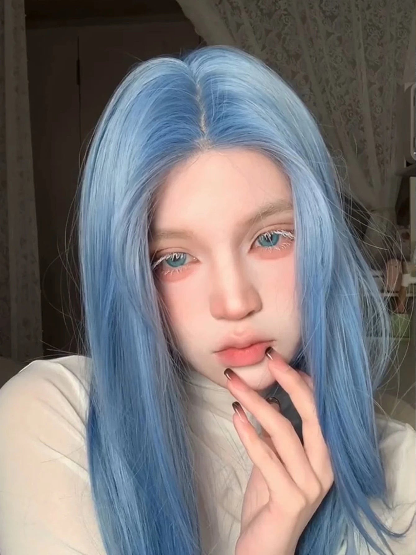 Long Straight Blue Synthetic Cosplay Wig for Halloween and Costume Parties - 6