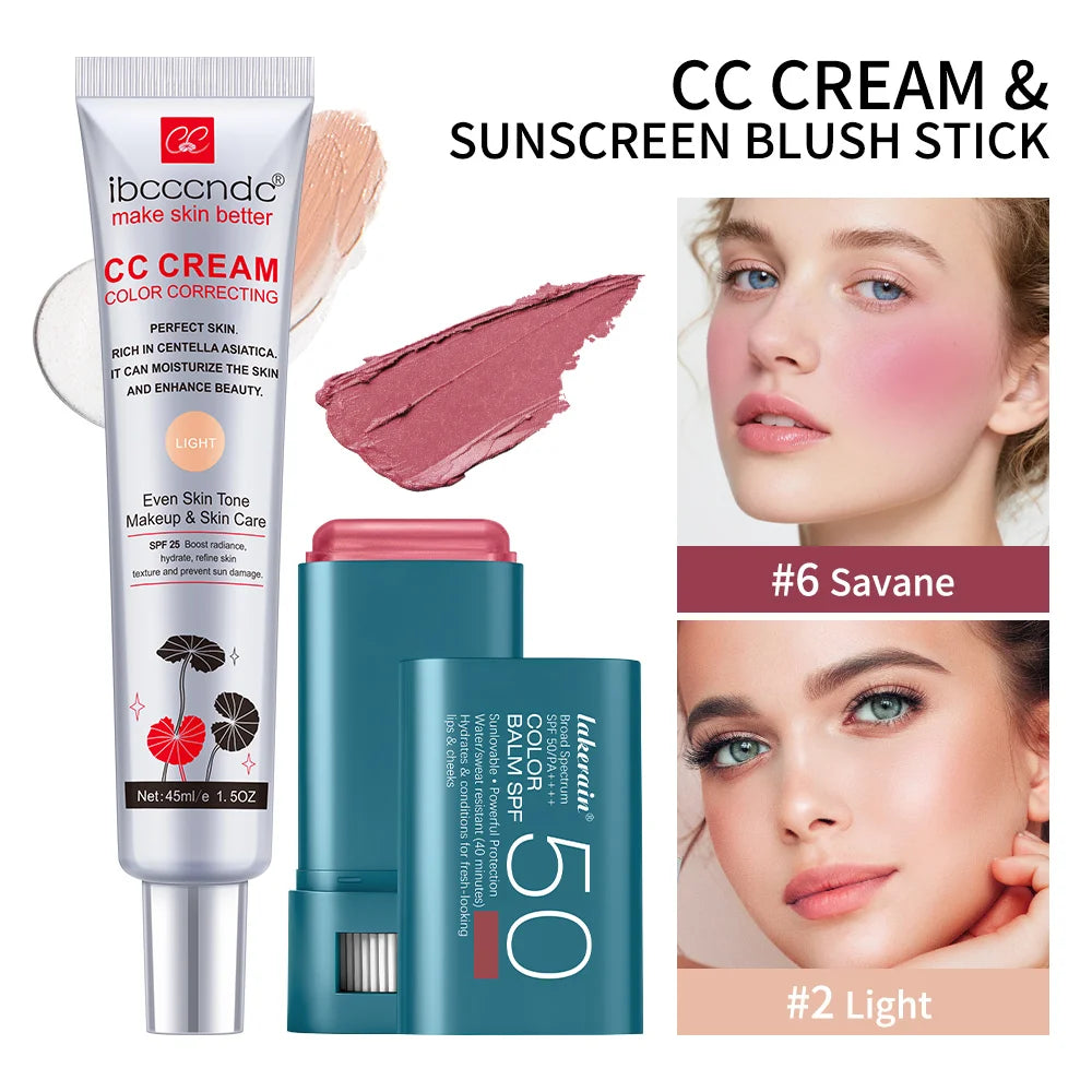 Color Correcting CC Cream and SPF 50 Sunscreen Blush Stick Makeup Set - 34