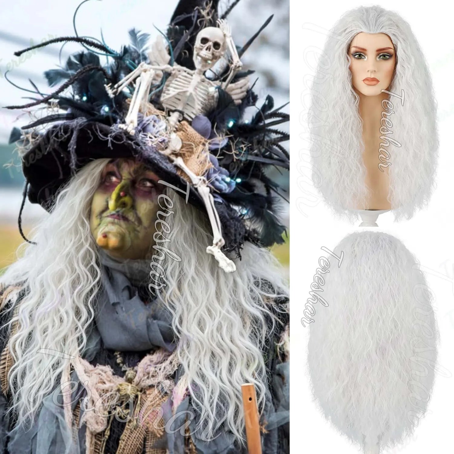 Long Curly Grey Witch Costume Wig for Halloween and Cosplay Parties - 14