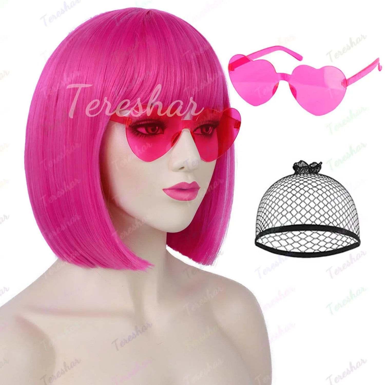 Short Straight Bob Wig with Heart Sunglasses for Parties and Cosplay - 11