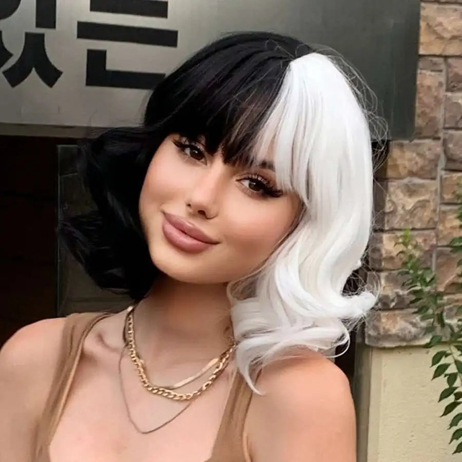 Split Color Black and White Mid-Length Wavy Wig with Bangs