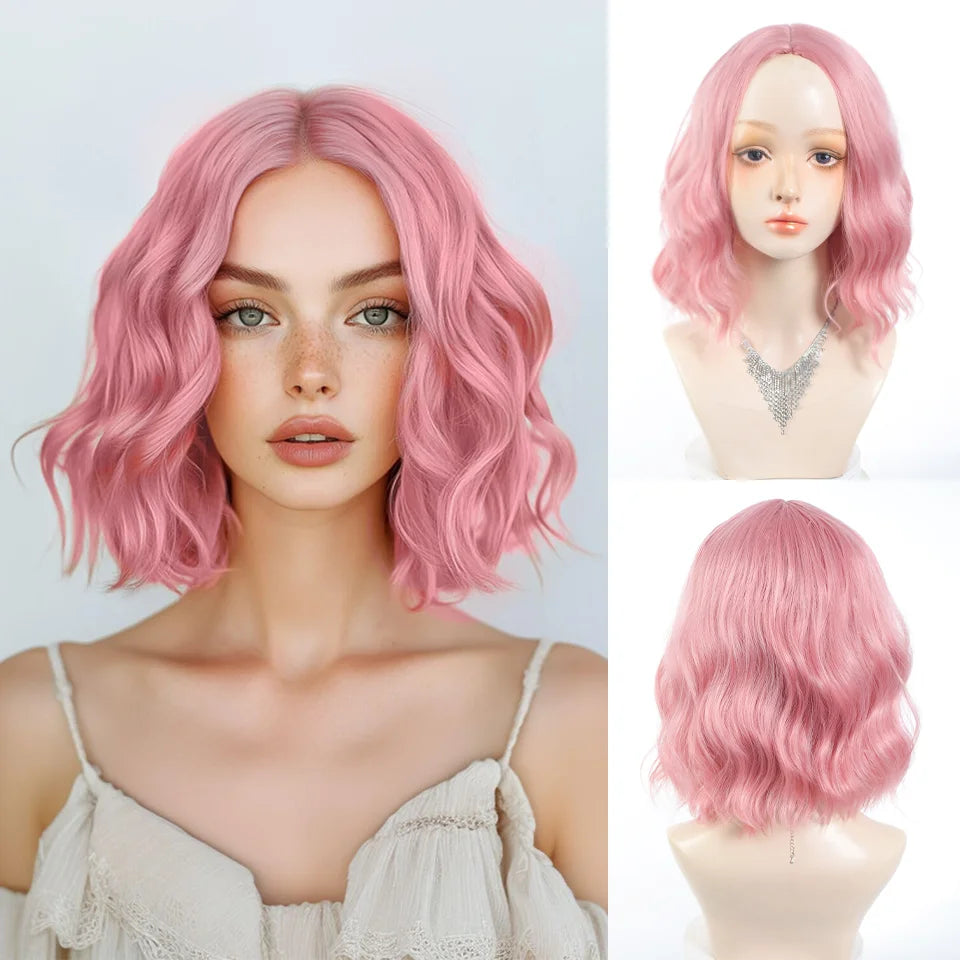 Short Wavy Pink Bob Wig for Cosplay and Daily Wear - 1