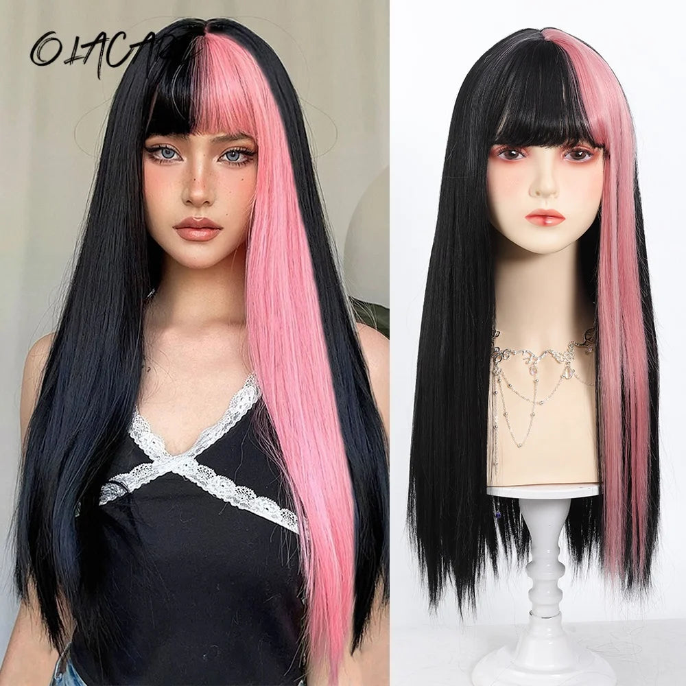 24 Inch Long Pink Cosplay Wig with Bangs - 23