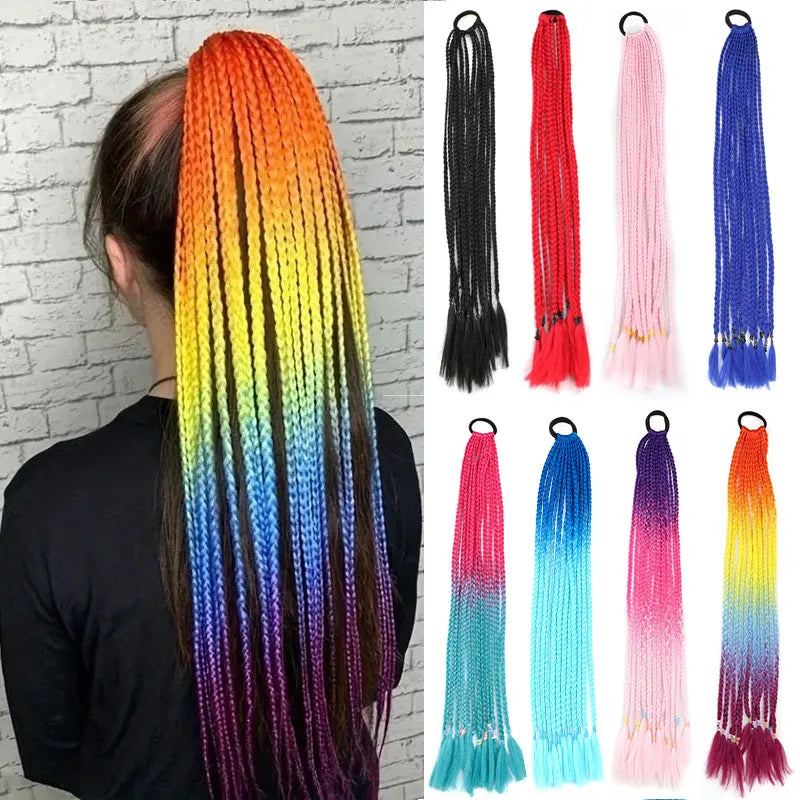 24-Inch Rainbow Braided Ponytail Extension for Vibrant Styles