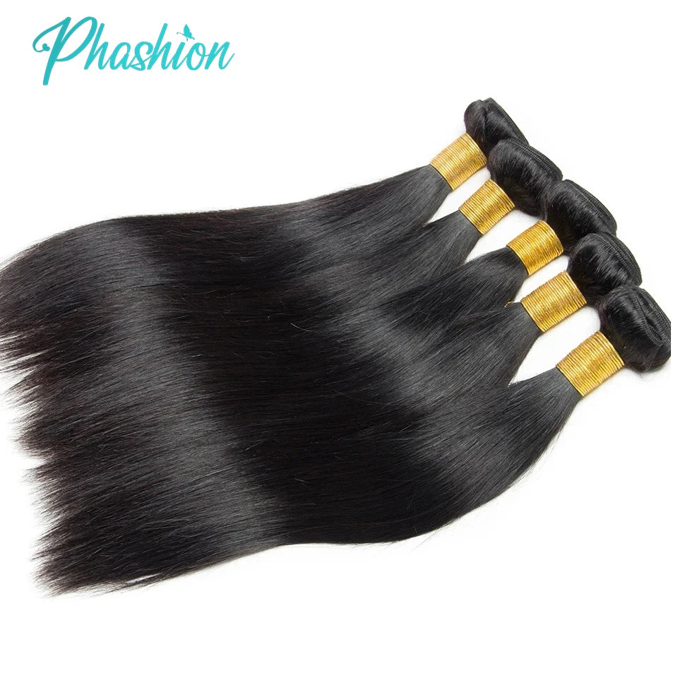 Straight Brazilian Human Hair Bundles with Transparent Lace Closure